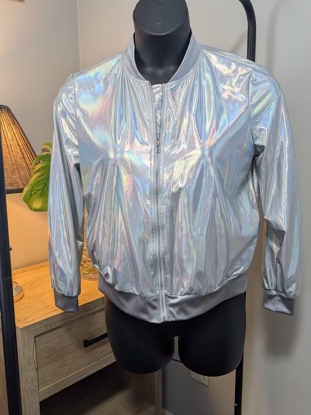 SHEIN Holographic Silver Bomber Jacket